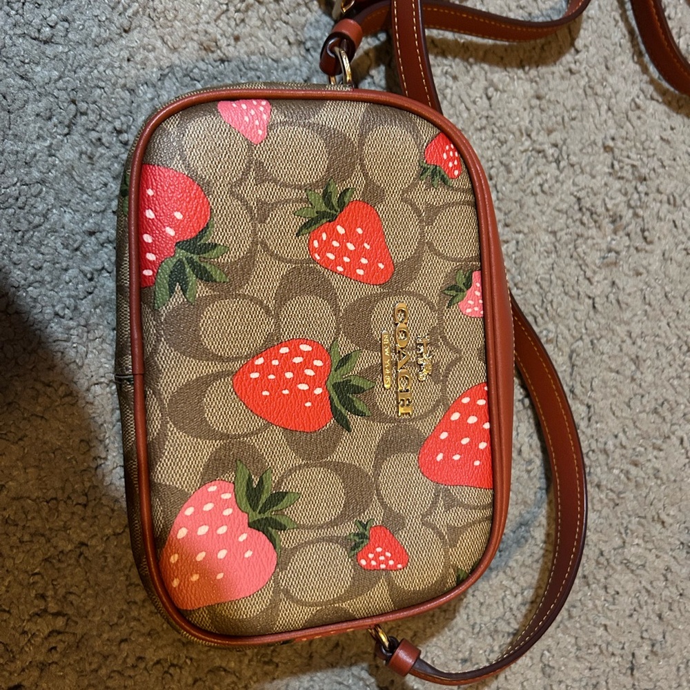 Coach Brown Crossbody Bag with Red Strawberry Print